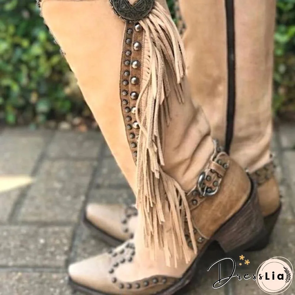 Women Vintage Tassel Western Boots With Zipper