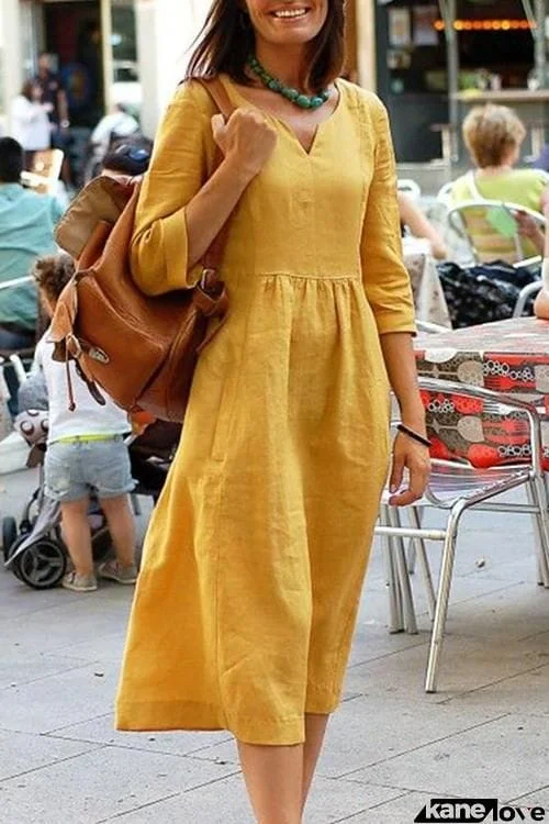 Linen V Neck Seven Sleeves Midi Dress