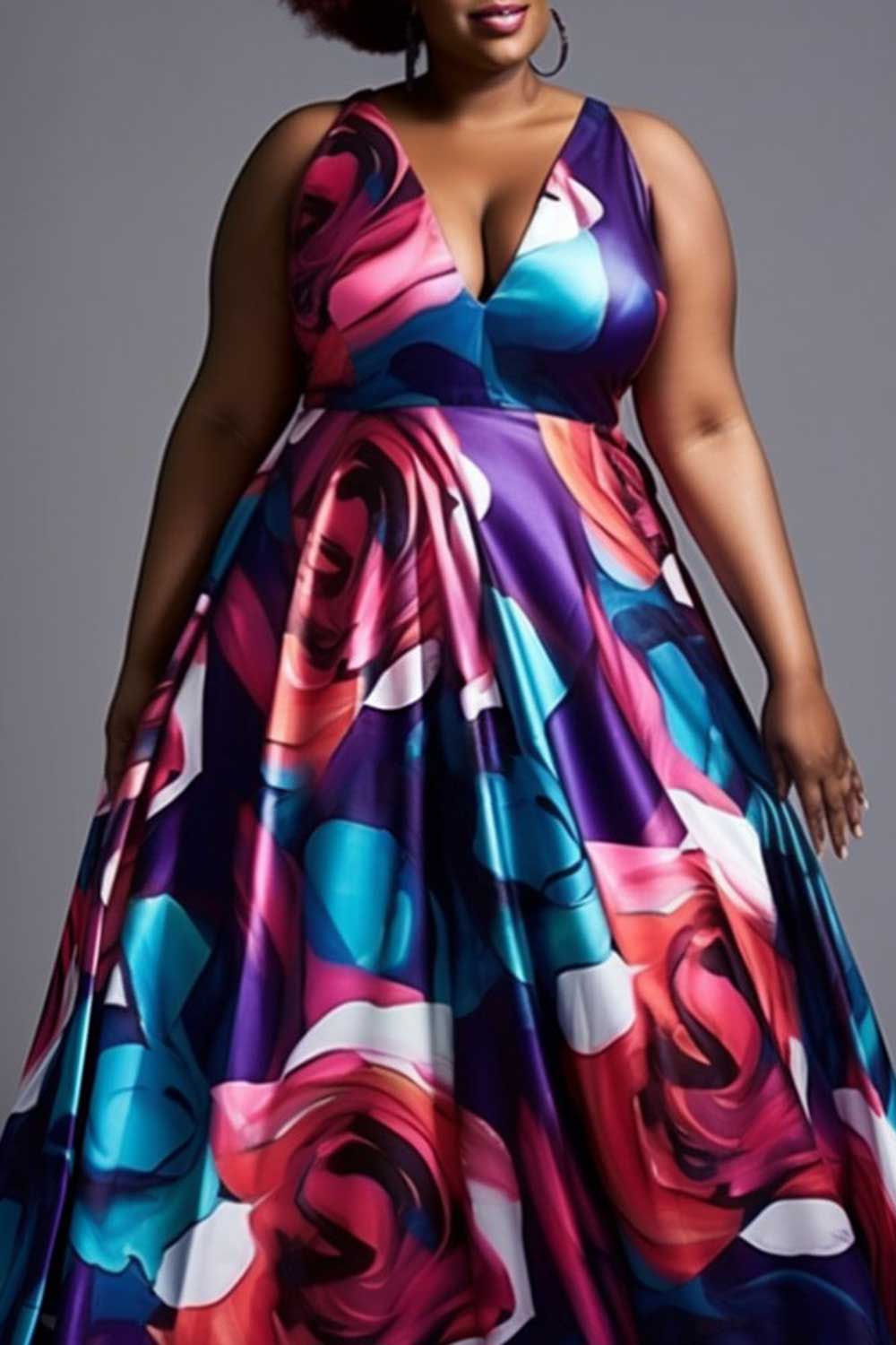 Design Plus Size Formal Elegant Multicolor Floral V Neck Satin Maxi Dresses [Pre-Order]