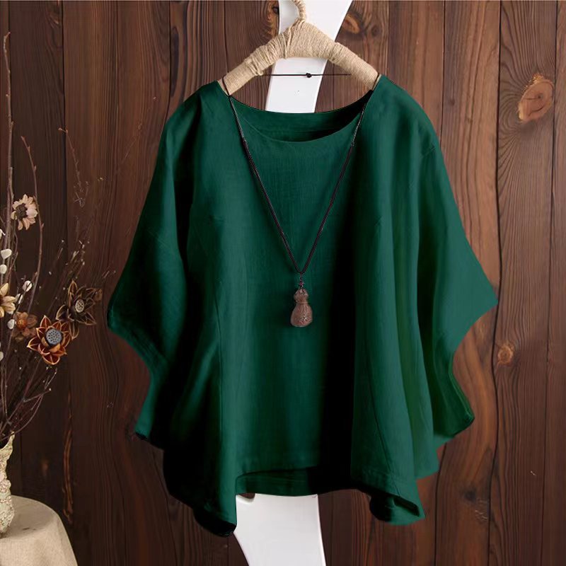 Fashion Cotton Linen Loose Solid Color Doll Sleeve Crew Neck Blouses
