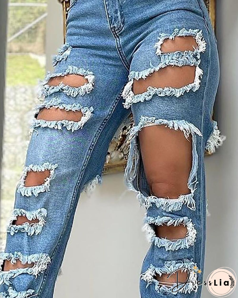 Ripped Cutout Fringe Hem Denim Pants