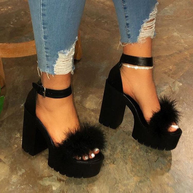 Women's Chunky Heel Line-Style Buckle Open Toe Ankle Strap Feather Casual Sandals
