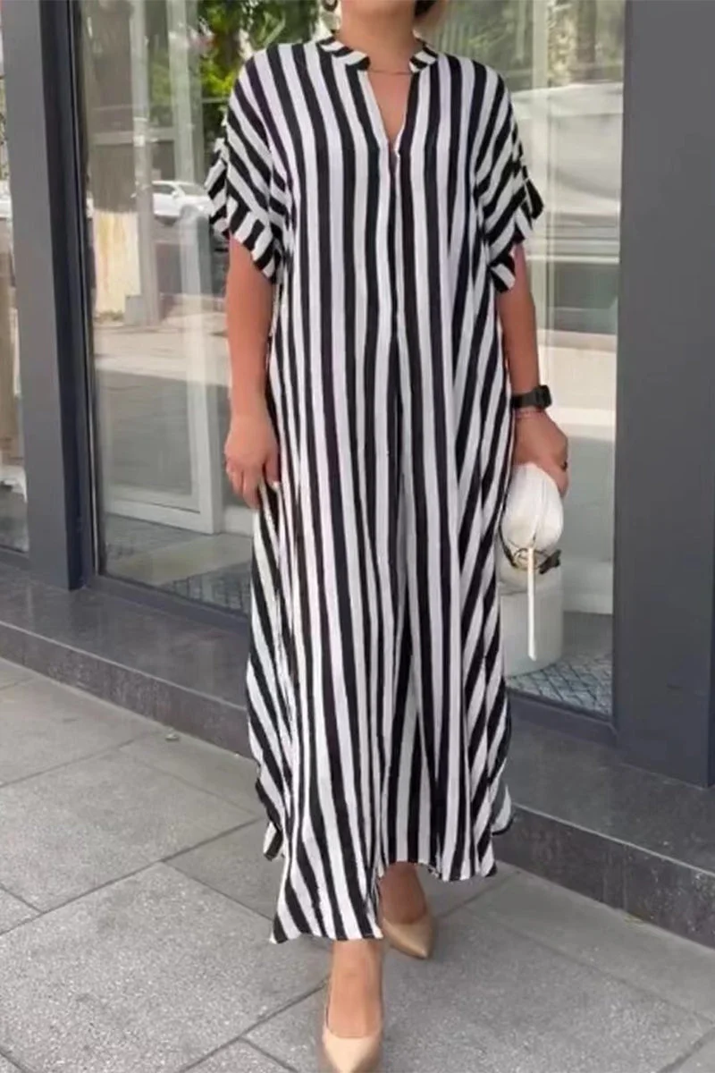 Casual Striped Patchwork V Neck Straight Dresses