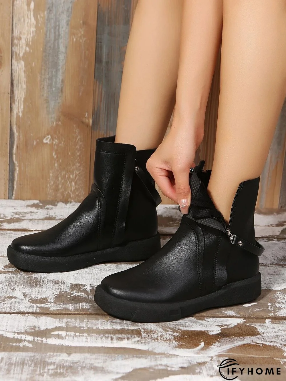 Vintage Buckle Decor Side Zip Warm Lined Boots | IFYHOME