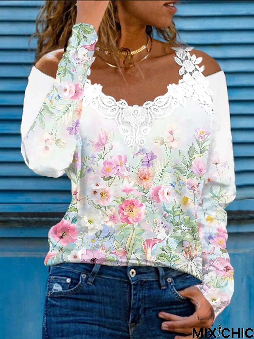 Casual Floral Long Sleeve V Neck Printed Top T-shirt