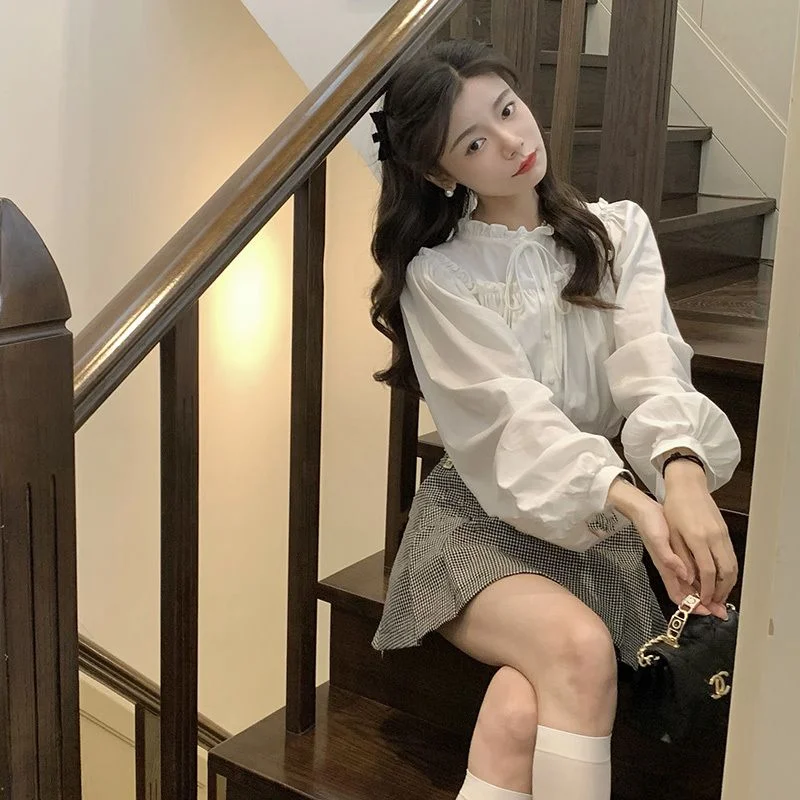 brownm Bow Shirt Women Early Autumn Unique Solid Relaxed Casual Shirt Lace-up Blue Premium Feeling Folding Loose Top