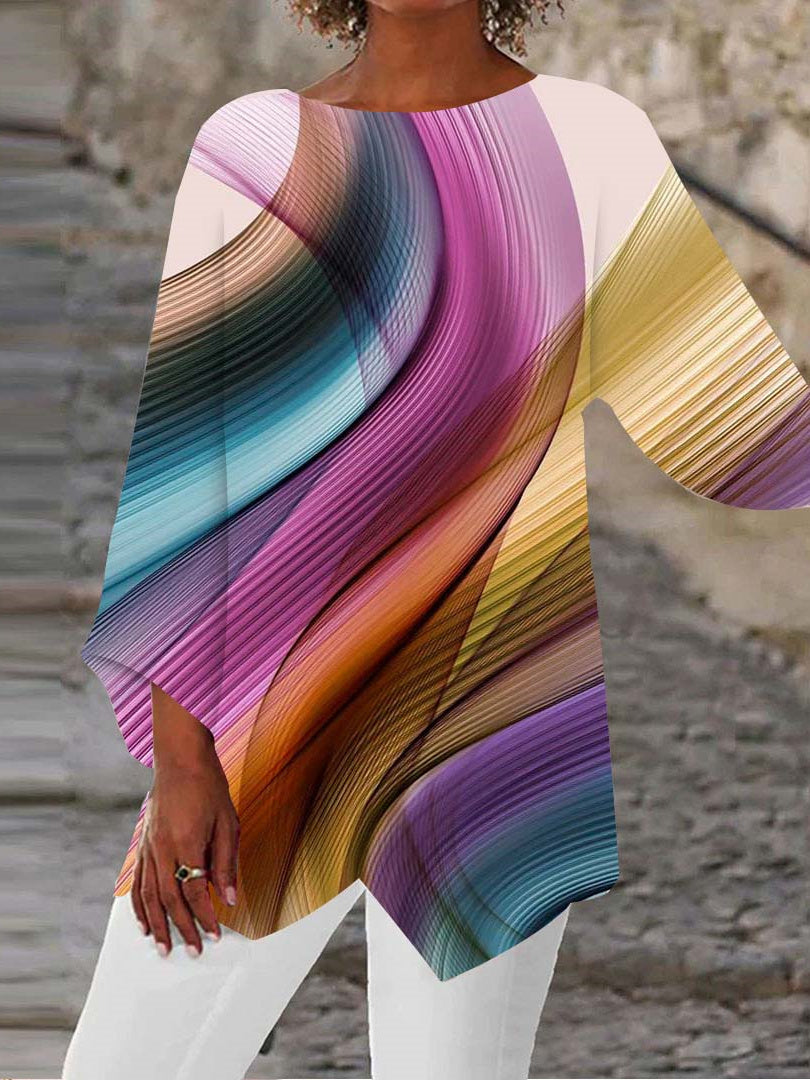 Women Asymmetrical 3/4 Sleeve Scoop Neck Colorblock Striped Printed Top