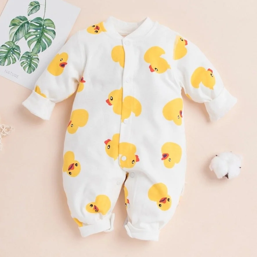 Lovely Cartoon Duck Printed Long-sleeve Baby Jumpsuit