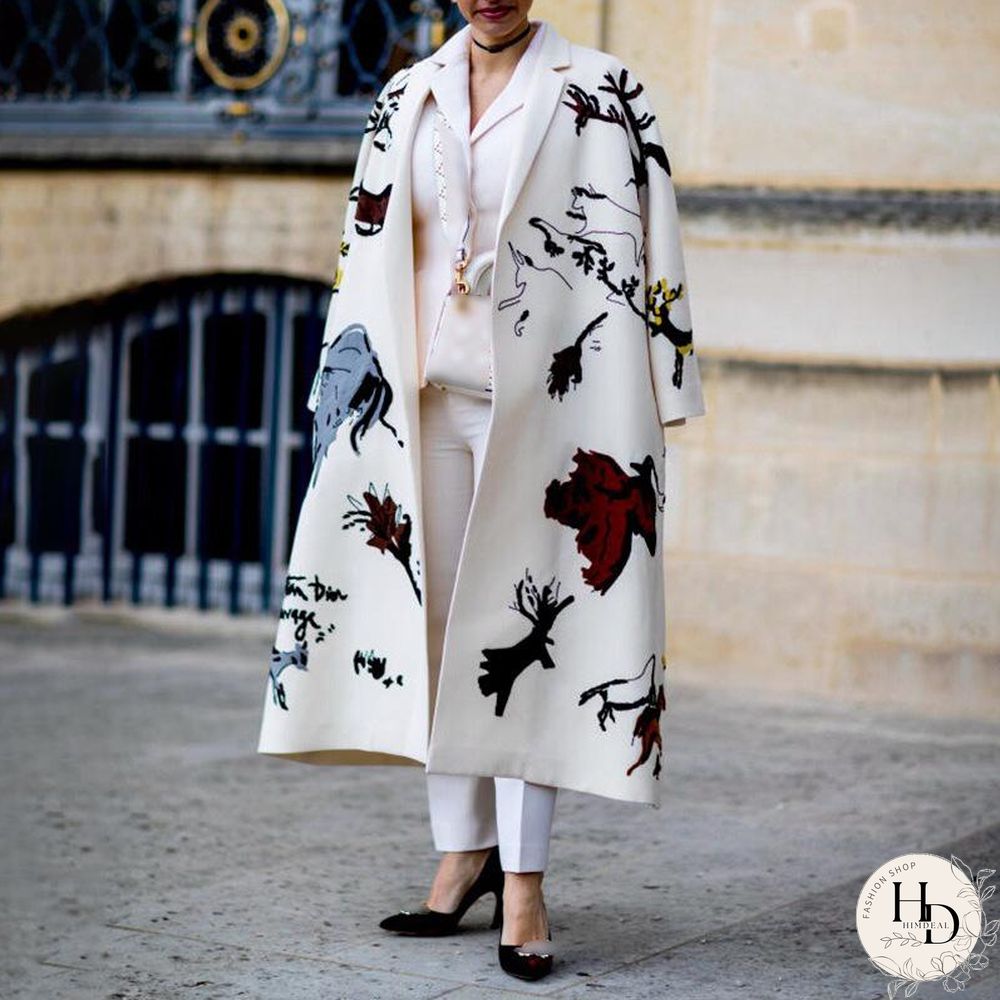 White Notched Lapel Long Print Coat