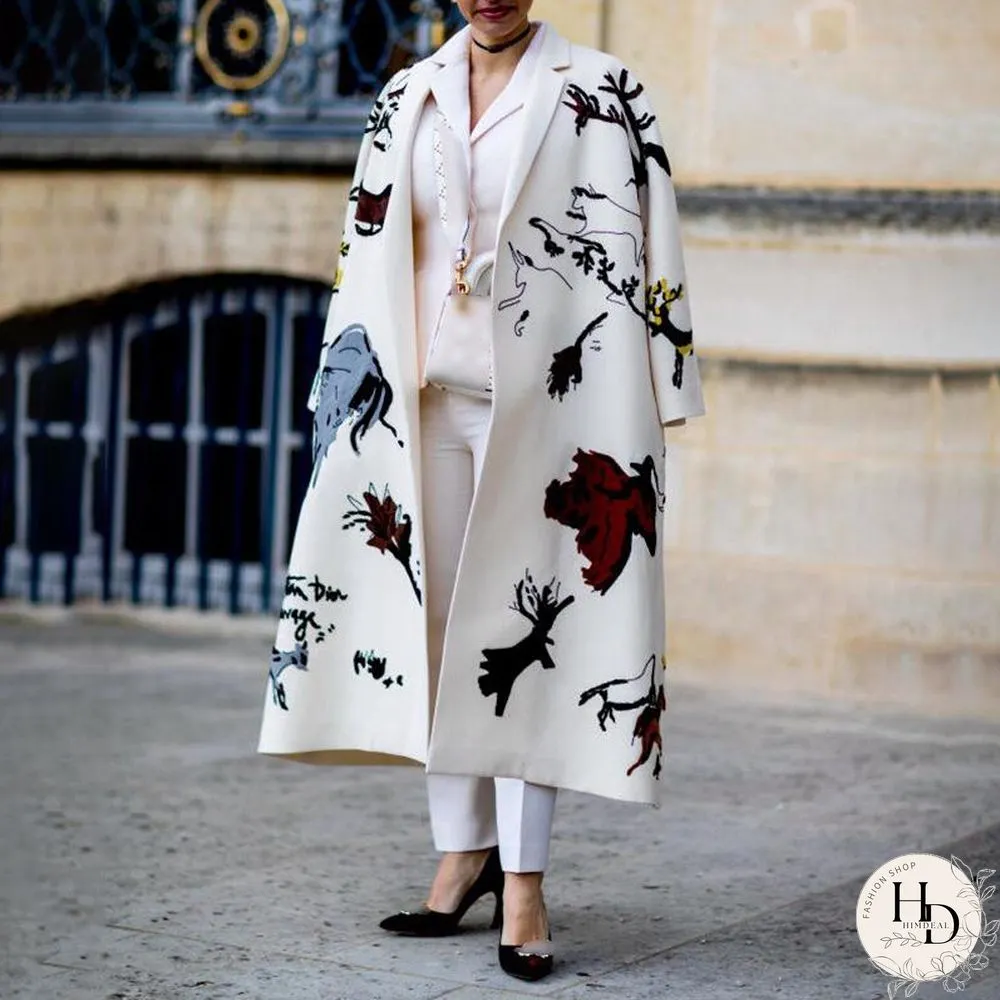 White Notched Lapel Long Print Coat