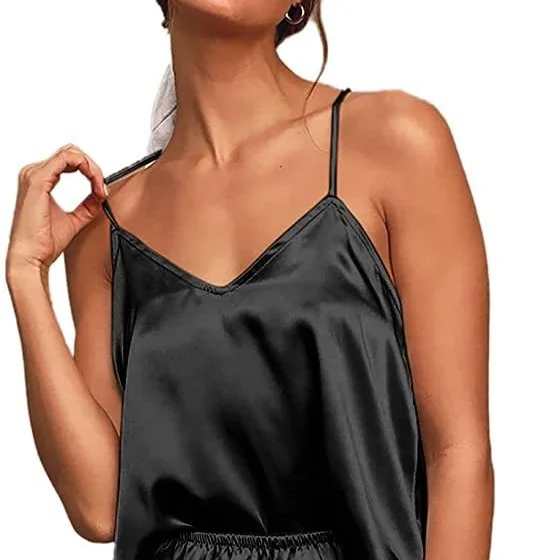 Churchf Women's Simulated Silk Pajamas Solid Color V-Neck Suspension Shorts Two-Piece Pajamas Sexy Fashion Homewear Set
