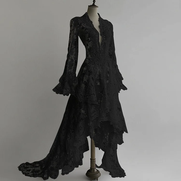 Ursime Deep V Neck Flare Sleeve Lace See-Through Maxi Dress