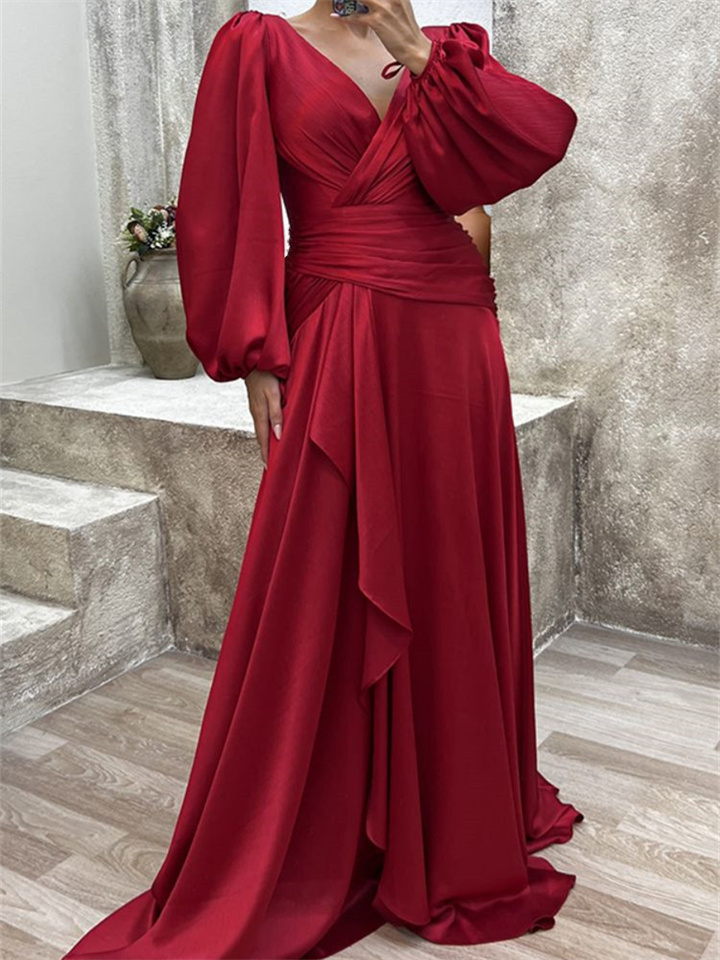 Evening Dresses Women's Autumn and Winter Elegant Silk Satin Pleated Banquet Gowns Long Dresses