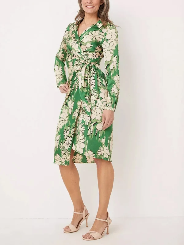 Green Floral Wrap Midi Dress