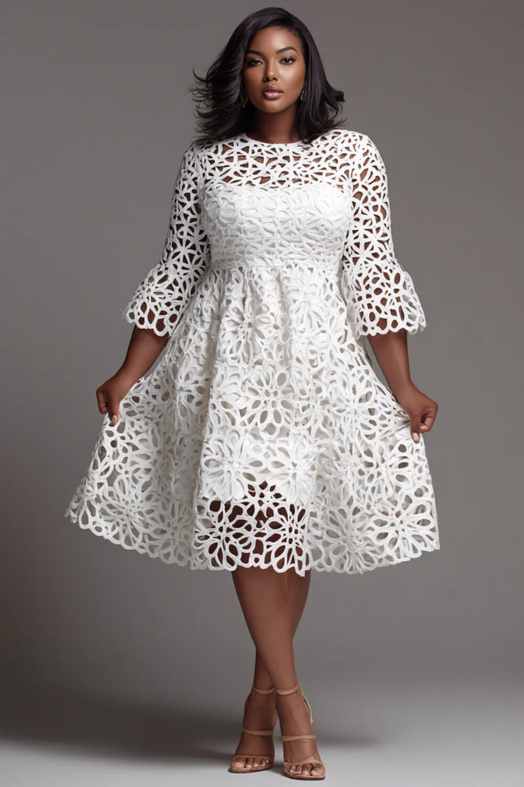 Xpluswear Design Plus Size Wedding Guest White Round Neck Flare Half Sleeve Cut Out Guipure Lace Midi Dresses [Pre-Order] 2024 - Xpluswear