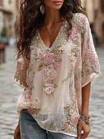 Women's Retro Boho Floral Embroidered Art V-neck Short Sleeve T-shirt