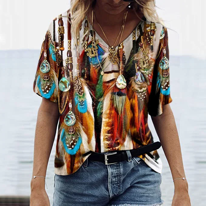 Western Feather Color Block Printed T-Shirt