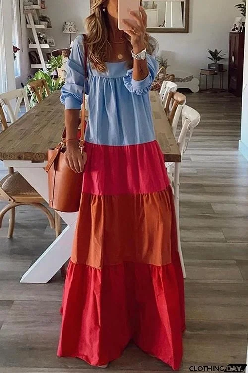 Color Block Layer Long Sleeve Maxi Dress