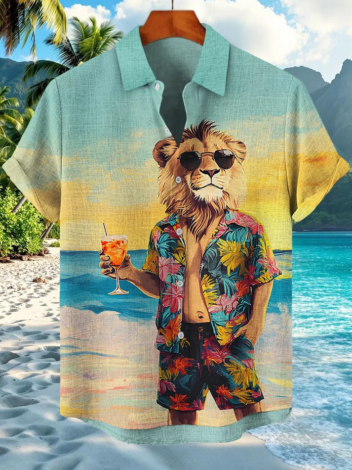 Men's Lion Cocktail Hawaii Vacation Art Print Short Sleeve Shirt