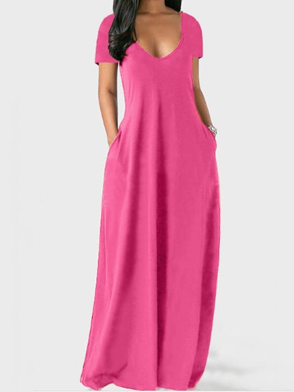 Women Short Sleeve V-neck Solid Color Maxi Dress