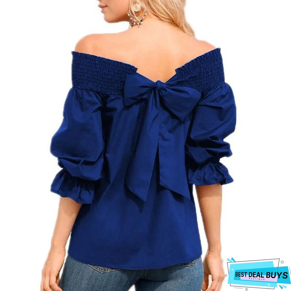 Women Sexy Off Shoulder Strapless Bowknot Slash Neck Shirts Casual Loose Plus Size Blouse Tops