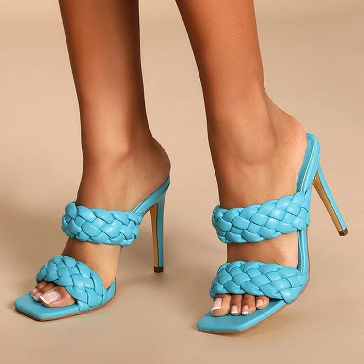 Blue Square Toe Sandal Heels Women's Braided Strap Shoes Classic Summer Stiletto Mules |FSJ Shoes