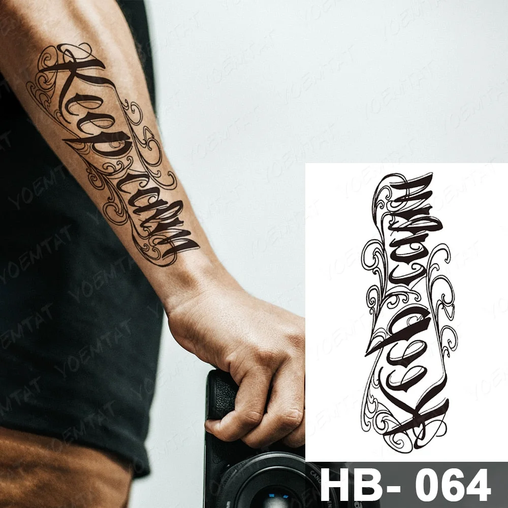 Black Word Waterproof Temporary Tattoo Sticker English Sanskrit Arabic Letter Language Totem Sexy Body Art Fake Tatto Women Men