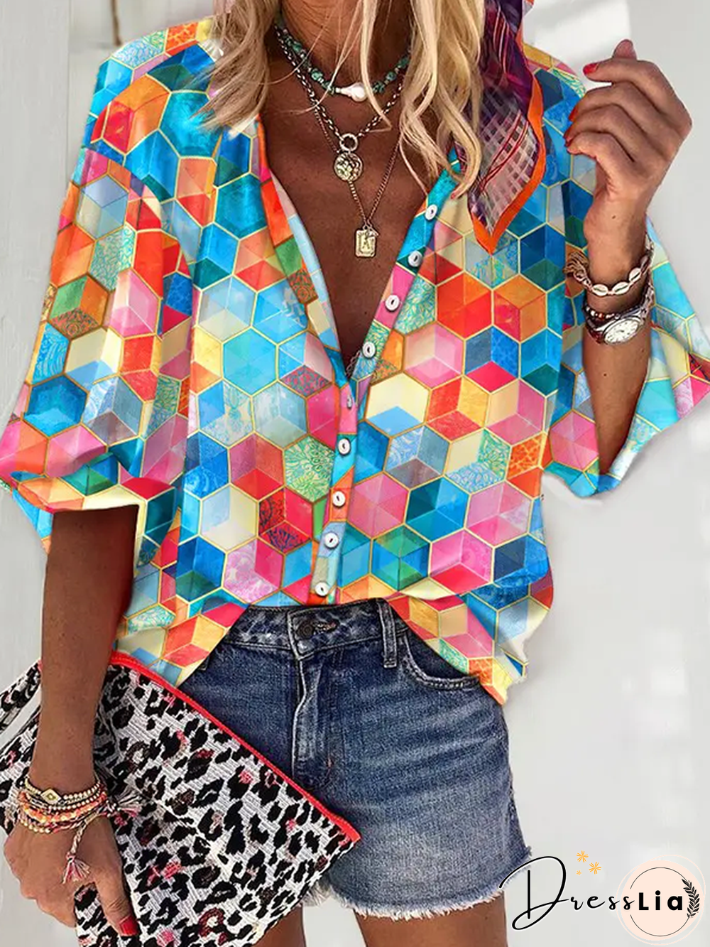 Casual Color Block V Neck Blouse