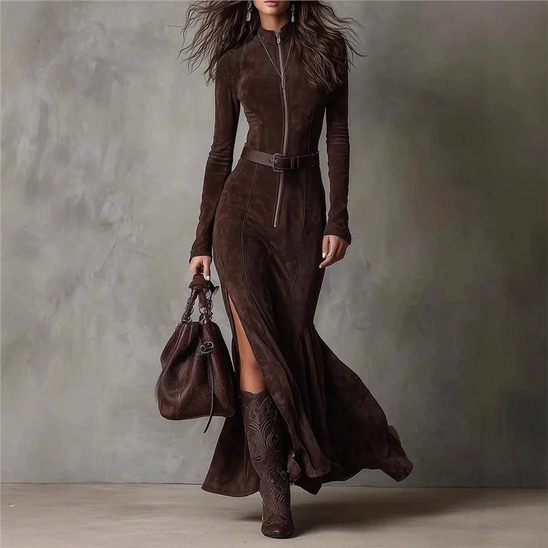 Athvotar Athvotar Fashion Style In Autumn And Winter 2025, Zippered And Straight-Fork Dress