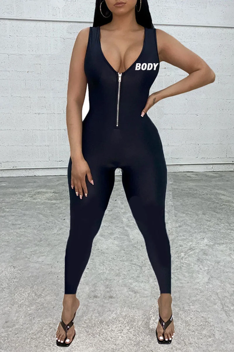 Sexy Print Split Joint Zipper V Neck Regular Jumpsuits