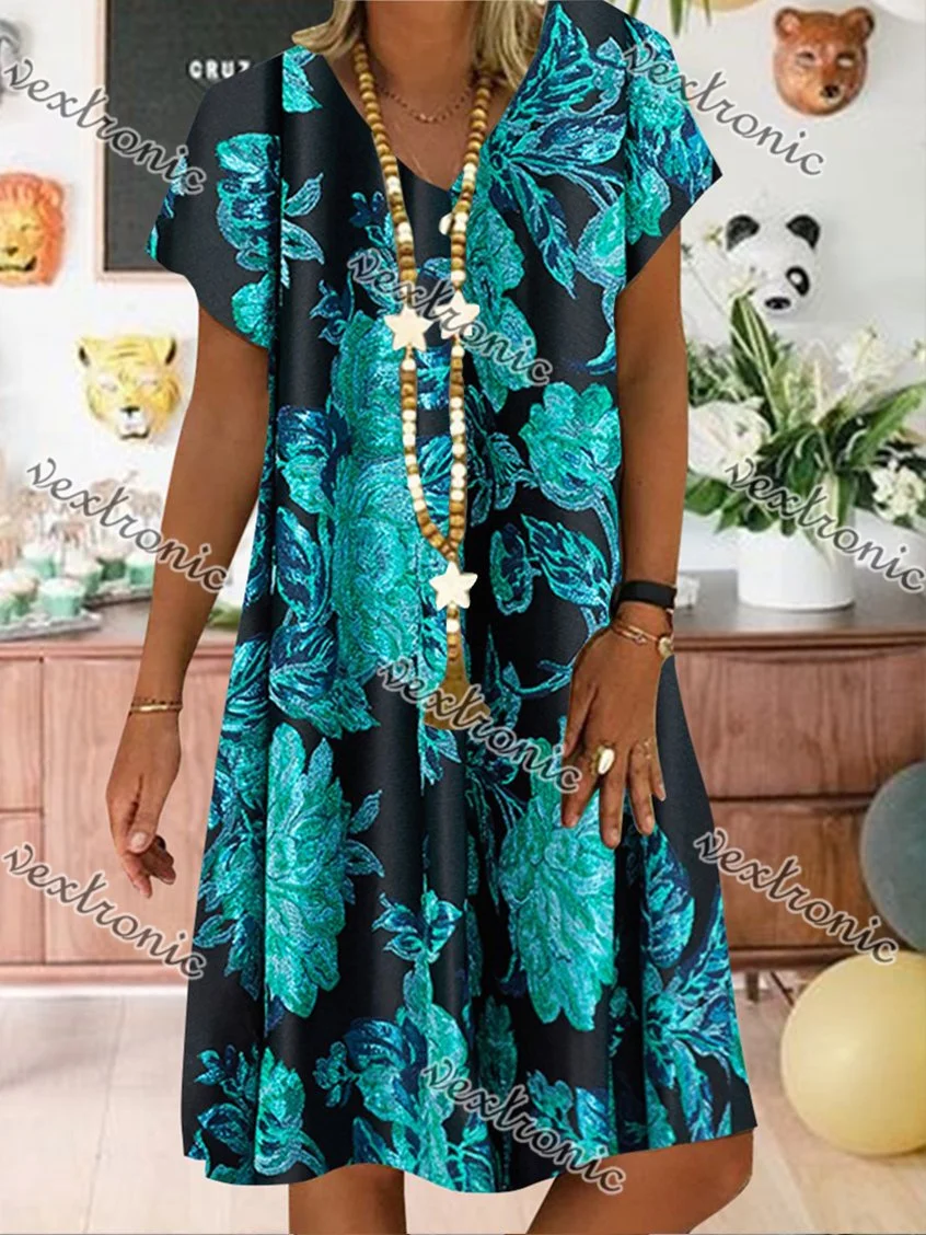Women Casual Floral Print Short Sleeve V-neck Midi Dress