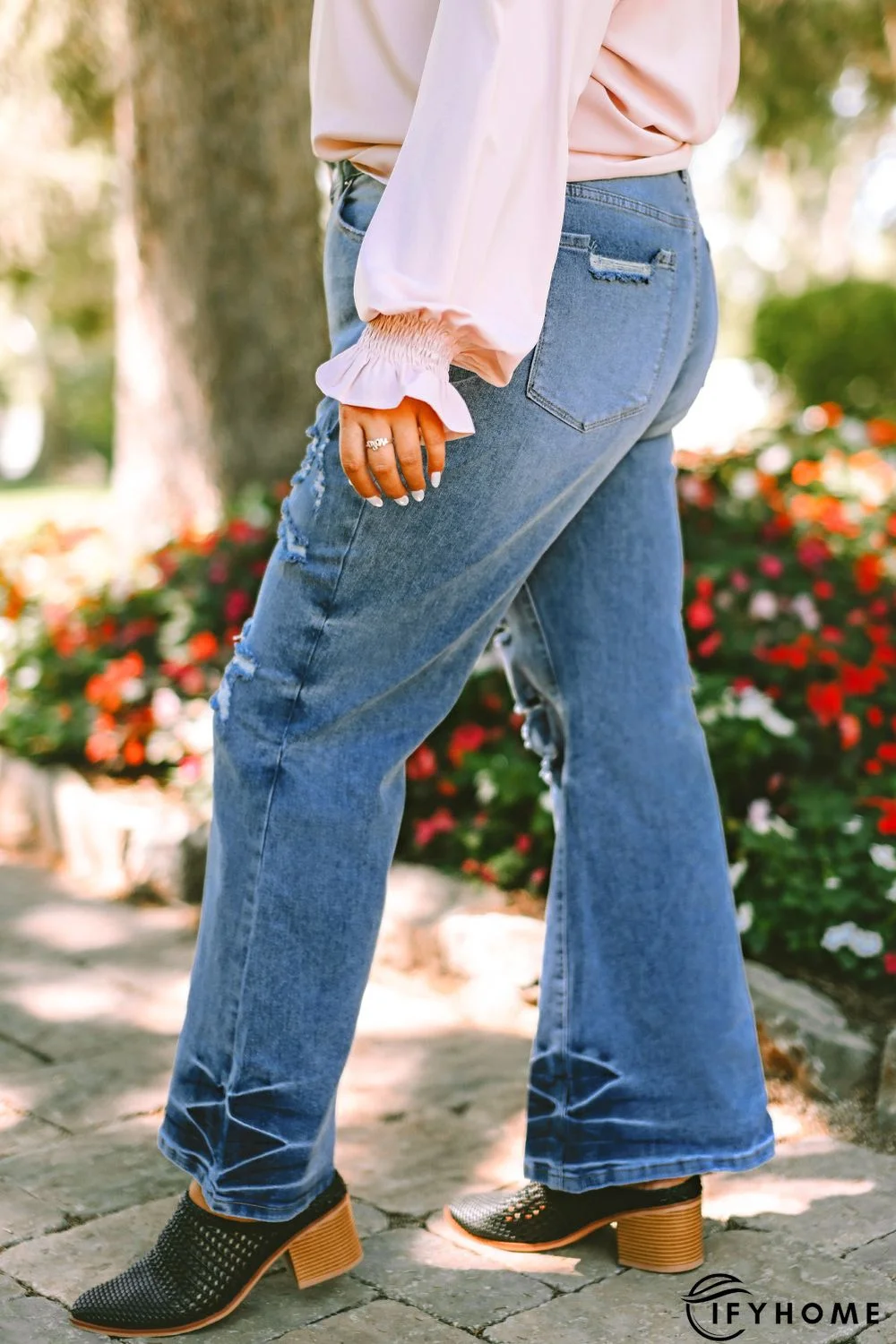 Sky Blue Plus Size Distressed Flare Jeans | IFYHOME