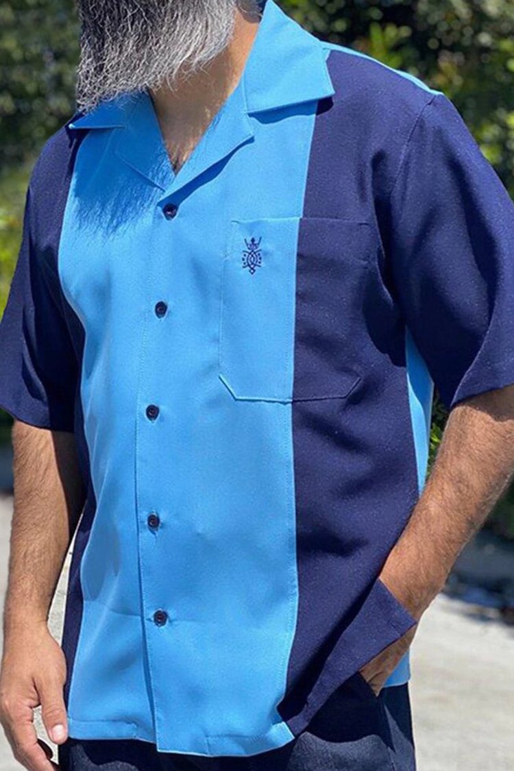 Blue Casual Men'S Bowling Shirt