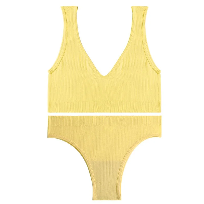 FINETOO Padded Bra Set Women Backless Tops Seamless Panties Female Deep V Bralette M-XL Wireless Bras Suit Ladies Lingerie 2021