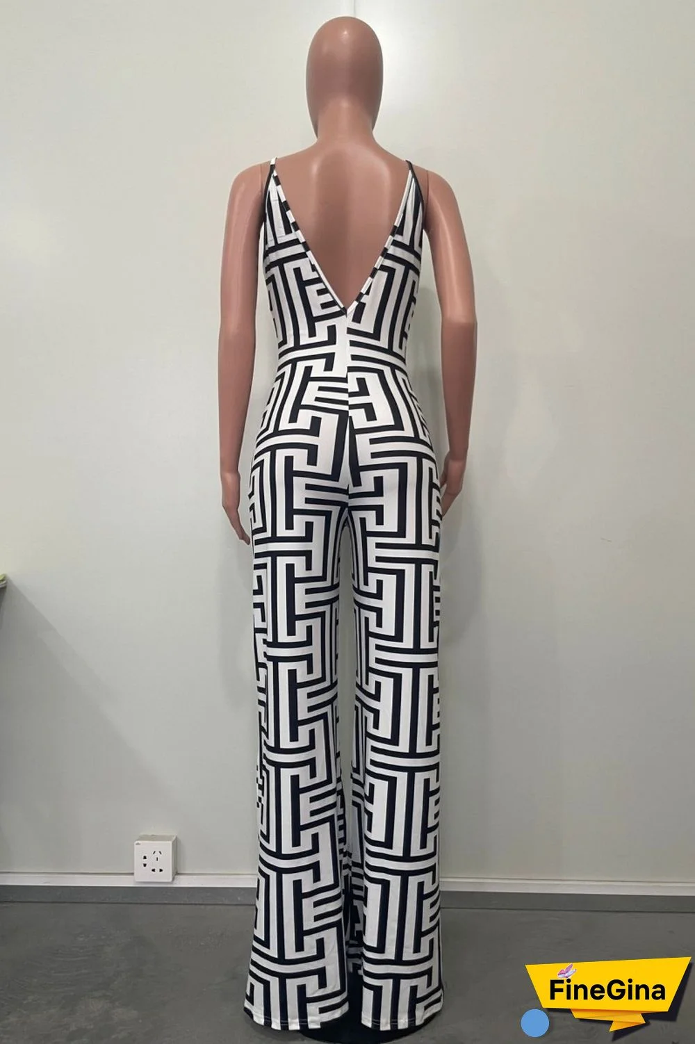 Black Sexy Casual Print Backless Spaghetti Strap Regular Jumpsuits