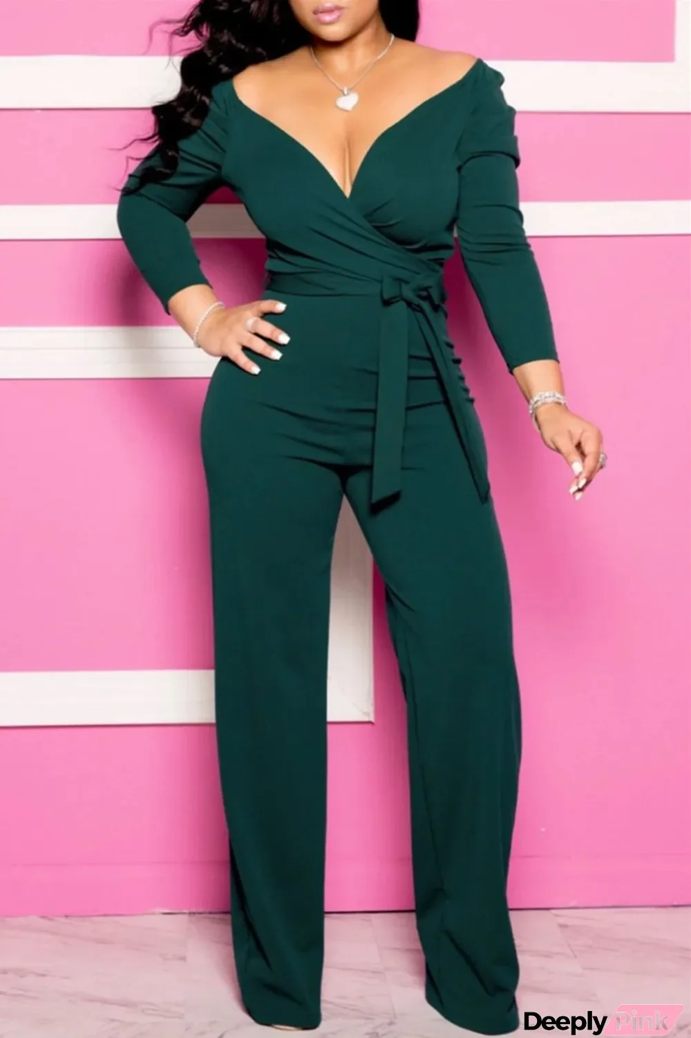 Green Fashion Casual Solid With Belt V Neck Regular Jumpsuits