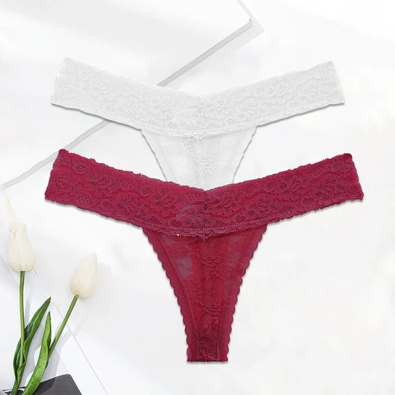 FINETOO 2PCS/Set M-XL Lace G-string Thong Panties for Woman Sexy Floral Underwear Transparent Women's Underpants Female Lingerie