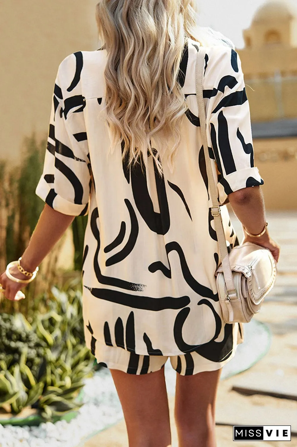 Casual Daily Geometric Print Contrast Turndown Collar Short Sleeve Two Pieces
