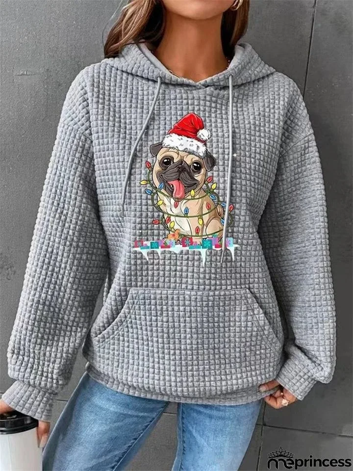 Female Waffle Leisure Cute Pug Print Long Sleeve Hoodies