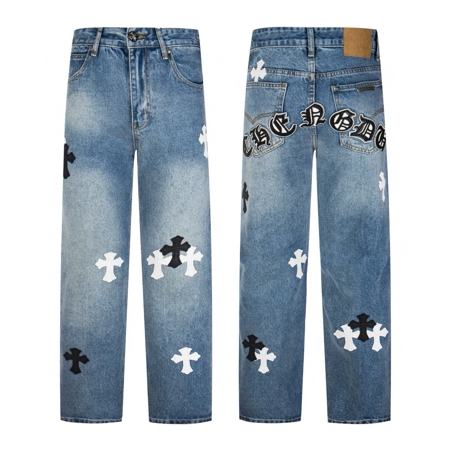 Cross Embroidered Jeans - Front and Back View