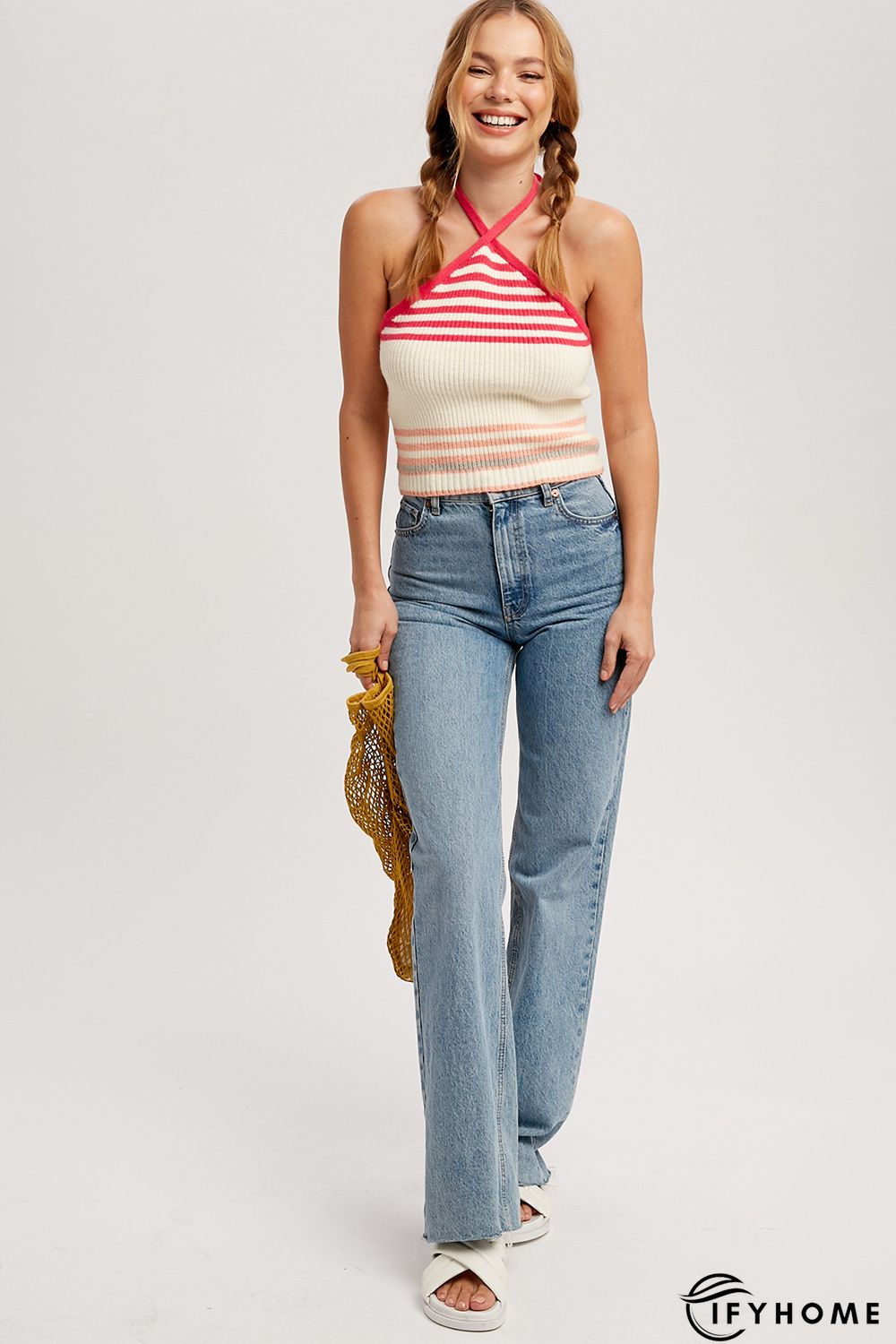 Halter Striped Rib Knit Sweater Tank | IFYHOME