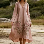 Women's Rose Printed Art V-neck Long Sleeve Maxi Dress - Image 2