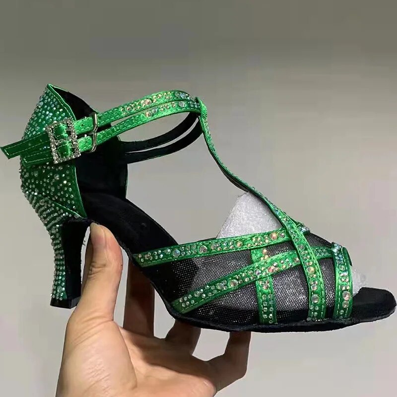 VCshoes Dance Shoes Women Shoes Green Sandles Ladies Rhinestone Low Heel Latin Shoes Square Dancing Shoes