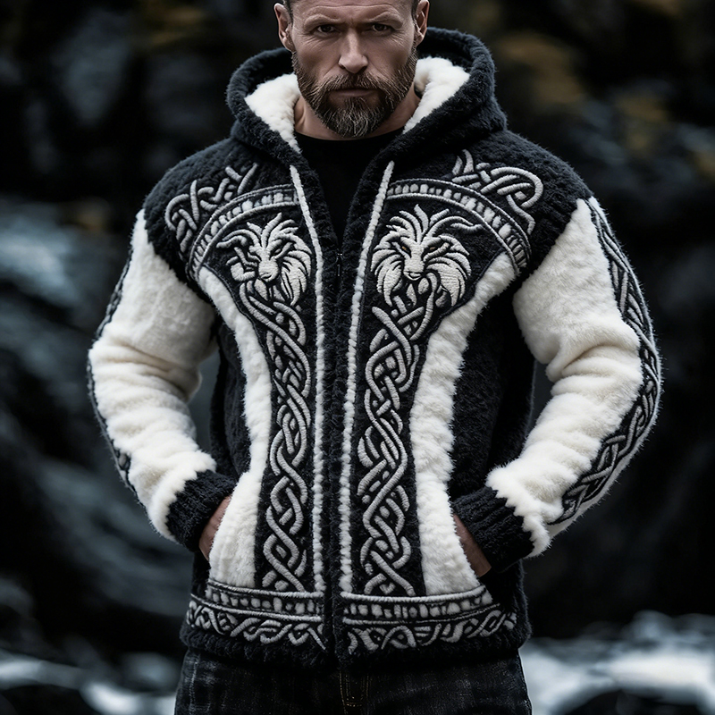 Men's Viking Wolf Style Celtic Art Cozy Warm Flannel Hooded Jacket elevenforest