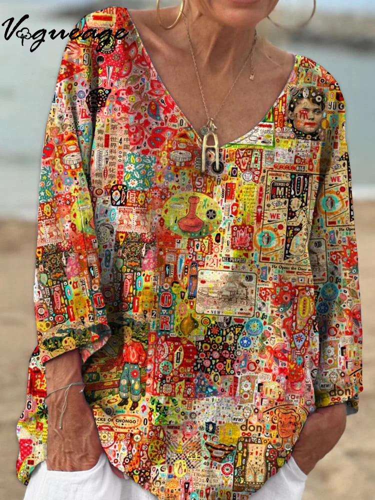 Distressed Colorful Pictorial Vase 3/4 Sleeves Printed Cotton And Linen Shirt