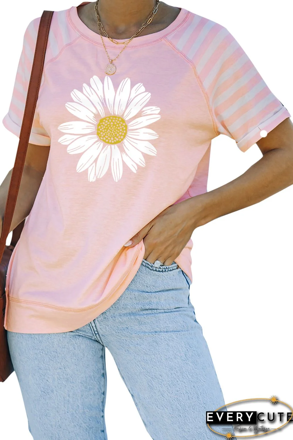 Pink Daisy Printed Striped Short Sleeve Crewneck T Shirt