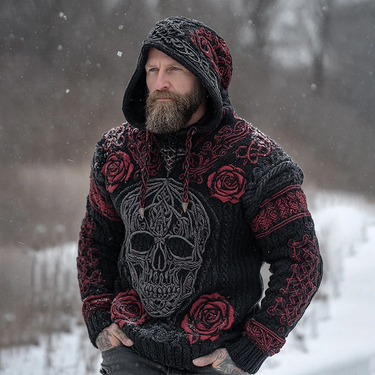 Men's Viking Tribal Jacquard Celtic With Rose And Skull Face Inspired Chunky Knit Hooded Sweater