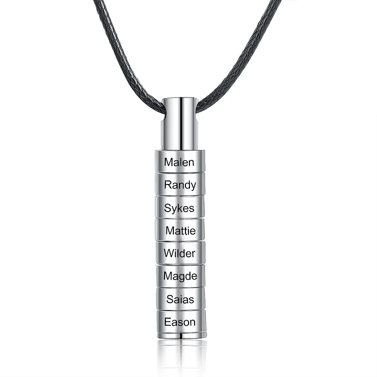 Personalized Vertical Cylinder Pendant Necklace with Beads Engraved 8 Names Men's Necklace for Him