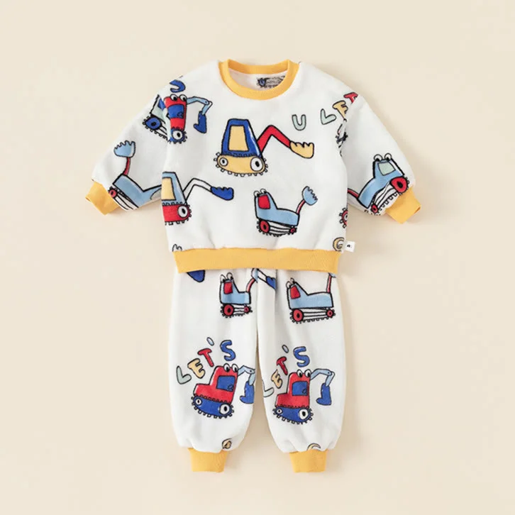 Toddler Excavator Animal Flannel Pajamas 2 Pieces Set