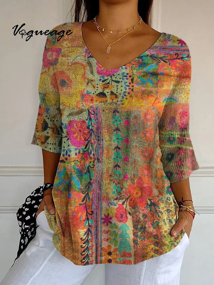 Fashion Retro Gentle Flowers And Plants Knitted Sweater